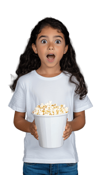 Young girl with a shocked expression holding a bucket of popcorn on a transparent background png