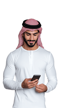 Smiling man wearing traditional Middle Eastern attire and checking his smartphone on a transparent background png