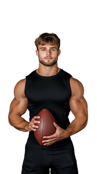 Athletic man in black sportswear holding a football on a transparent background png