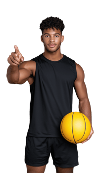 Young man in black sportswear holding a yellow basketball, pointing up, on a transparent background png