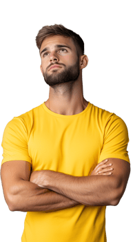 Young man in yellow t shirt with arms crossed looking to the side on a transparent background png
