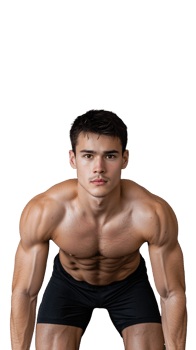 Athletic shirtless man in black shorts flexing muscles on a transparent background png
