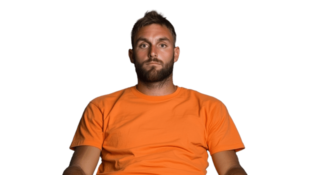 Man in orange t shirt sitting with a neutral expression on a transparent background png