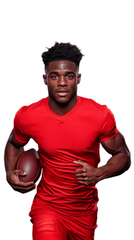 Athletic man in red sportswear holding a football in one hand on a transparent background png