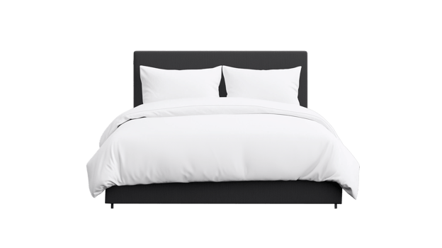 White bedding set with black headboard in a minimalist style on a transparent background png
