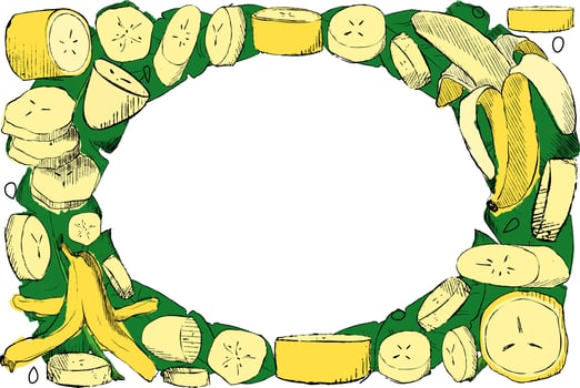 Oval ellipse Frame made of graphic Yellow Bananas and green tropical leaves on white background. Single Banana, Peeled Bunch, Slices illustration template for your text vector