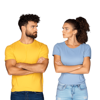 Young couple facing each other with crossed arms on a transparent background png