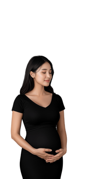 Pregnant woman in black dress holding her belly on a transparent background png