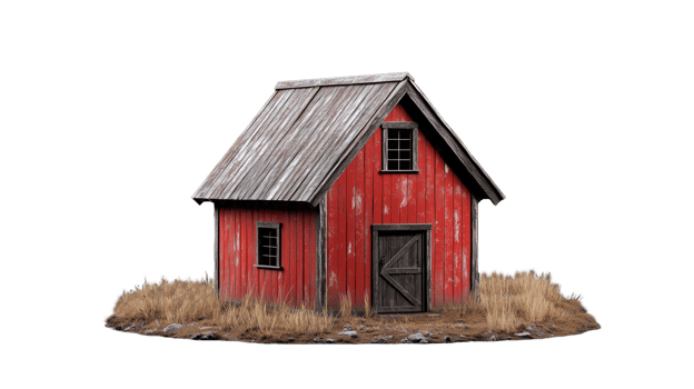 Small red wooden barn model with rustic details on a transparent background png