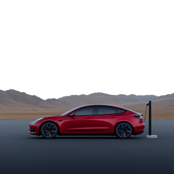Red electric car charging at a station in a scenic desert landscape png