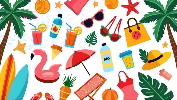 Summer-themed cartoon elements set, including cocktails, ice cream, exotic fruits, palm trees, a surfing board, and beach accessories. vector