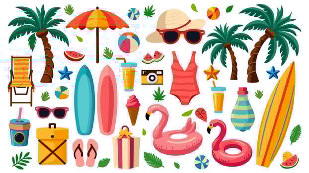 Cartoon summer elements, travel, beach, summertime accessory. Cocktails, ice cream and exotic fruits illustration set. Palm and serfing board. Umbrella and sunglasses vector