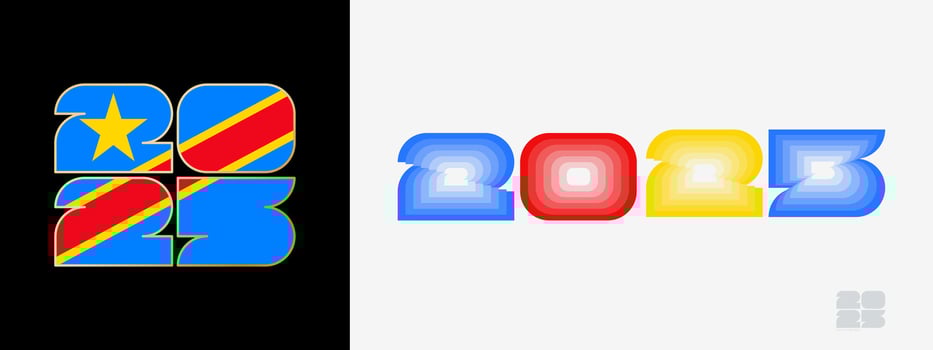 Year 2025 with flag of DR Congo and in color palate of DR Congo flag. Happy New Year 2025 in two different style. vector