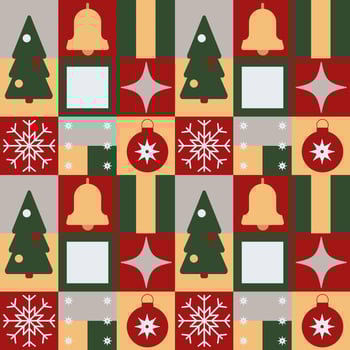Christmas geometric seamless pattern in Bauhaus style. Snowflake, fir tree, bell, star, Christmas tree toy. vector