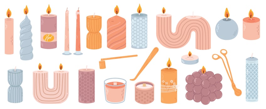 Various decorative candles set. Different shapes and sizes. Decorative wax candles for relax and spa. Candle snuffer. Hand drawn set vector