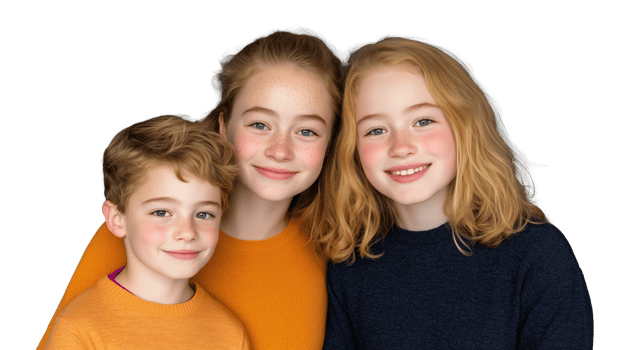 Three happy children together, showing close friendship and joy, dressed in warm clothes, on transparent background png