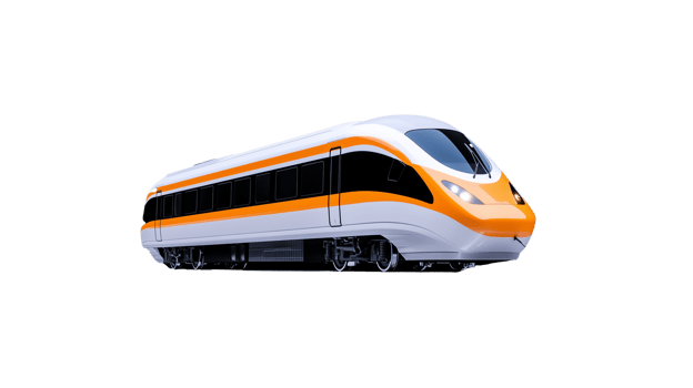 High-speed passenger train in orange and white, representing fast and efficient transit on transparent background png