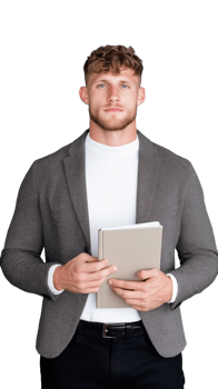Young man in gray blazer holding a tablet, representing business and technology on transparent background png