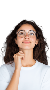 Thoughtful young woman with glasses in casual white shirt, posing confidently on transparent background png
