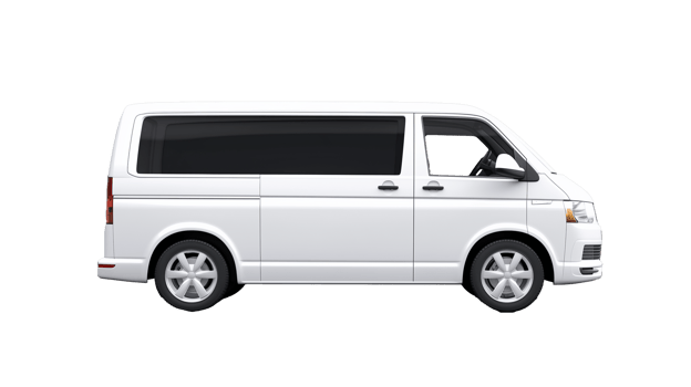 Large white van side view, representing spacious transportation options on transparent background png