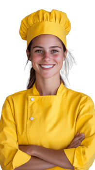 Smiling female chef in yellow uniform with arms crossed, showcasing culinary professionalism on transparent background png