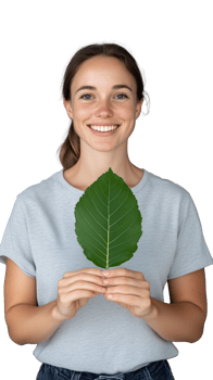 Smiling woman holding a large green leaf, symbolizing nature and eco-friendliness on transparent background png