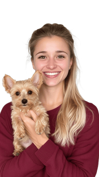 Smiling young woman holding a small dog, showcasing companionship and joy on transparent background png