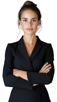 Confident businesswoman in black blazer with arms crossed, showing professional attitude on transparent background png