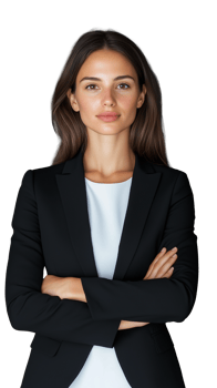 Professional woman in black suit crossing arms, representing confidence and poise on transparent background png