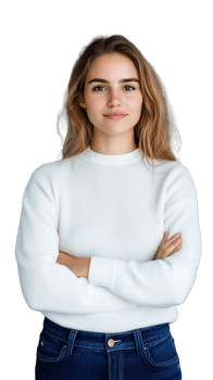 Smiling young woman in white sweater with crossed arms, expressing friendliness and warmth on transparent background png