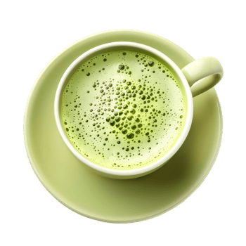 A cup of green tea is on a saucer png