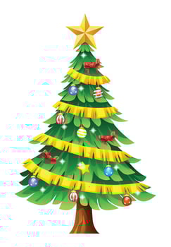 Christmas tree decorated with golden ribbons, red bows, and colorful ornaments. Cartoon illustration vector