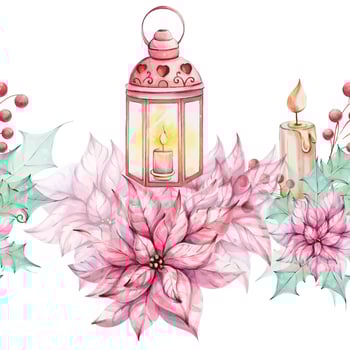 Watercolor seamless border - Christmas red lantern and candle with holly green leaves and red berries, poinsettia flowers. Romantic retro style. Winter festive decor. Hand drawn watercolor illustration isolated on white background. clip art vector