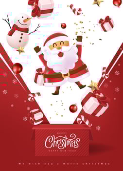 Merry christmas poster banner background template with surprise opened box santa claus and snow man and gift box vector