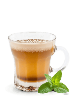 Iraqi Chai in clear glass garnished with few cardamom pods and sprig of green mint png