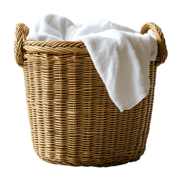 Woven laundry basket with white towels, isolated on transparent background. png