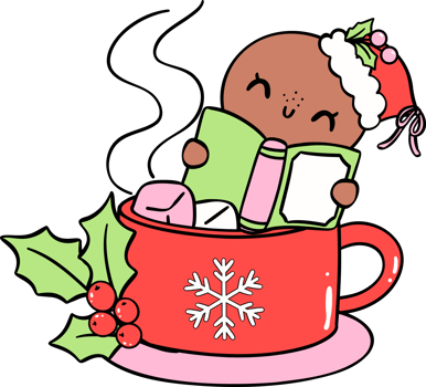 Christmas Reading book Gingerbread man in mug hand drawn doodle png