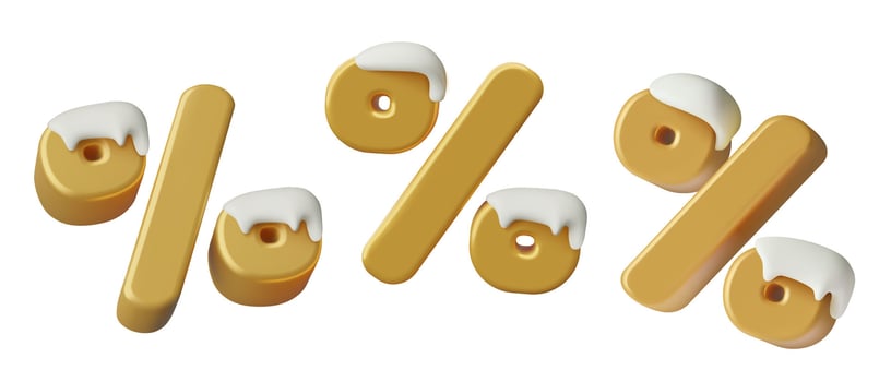 Winter sale 3d render gold percent signs covered with icings and snow caps. vector