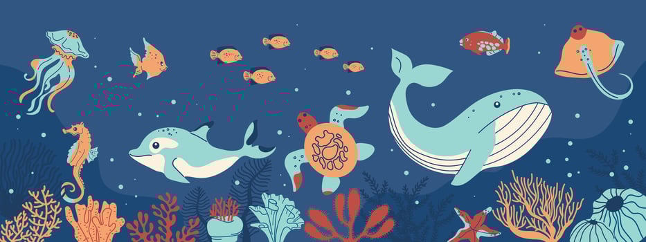 Sea underwater animals. Ocean wild marine animals and fish. Natural undersea world with cute exotic fish, ocean plant, aquatic coral and color algae. vector