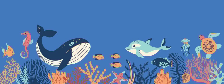 Sea underwater animals. Ocean wild marine animals and fish. Natural undersea world with cute exotic fish, ocean plant, aquatic coral and color algae. vector