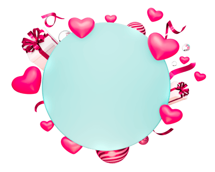 3D pink pastel heart shaped design and gift box element decoration wiht circle geometric shapes png