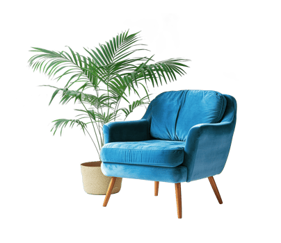 Minimalist modern blue interior chair and plant transparent background, isolated graphic resource cutout, element, decor png