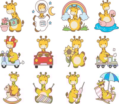 A random sticker of baby giraffe. Cute giraffe animals with various activities. Funny sticker of Giraffe animal kids. vector