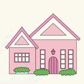 Pink house. Colorful house illustration. Cartoon town. Architecture. House design. Home facade with doors and windows. Neighbors. Isolated illustration. vector