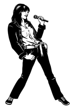 Rock, Pop Singer Girl in Jeans Suit. Ink style clipart isolated on white. vector