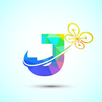 Letter J drone logo design template. Drone technology logo sign low poly style vector