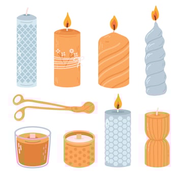 Various Candles. Different shapes and sizes. Pillar, jar candle, square, container candle. Decorative wax candles for relax and spa. Candle snuffer. vector