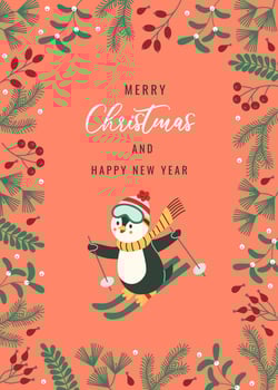 Flat style Christmas card featuring a festive skiing penguin framed by holiday greenery on a warm, cheerful background. Ideal for spreading Christmas and New Year joy. vector