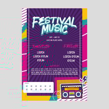 a festival music poster with a cassette player and music vector