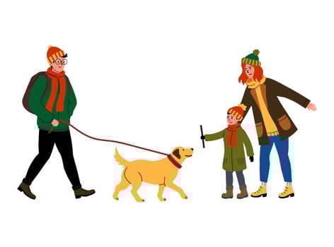 Family enjoys a winter walk with a cheerful golden retriever in a snowy park vector